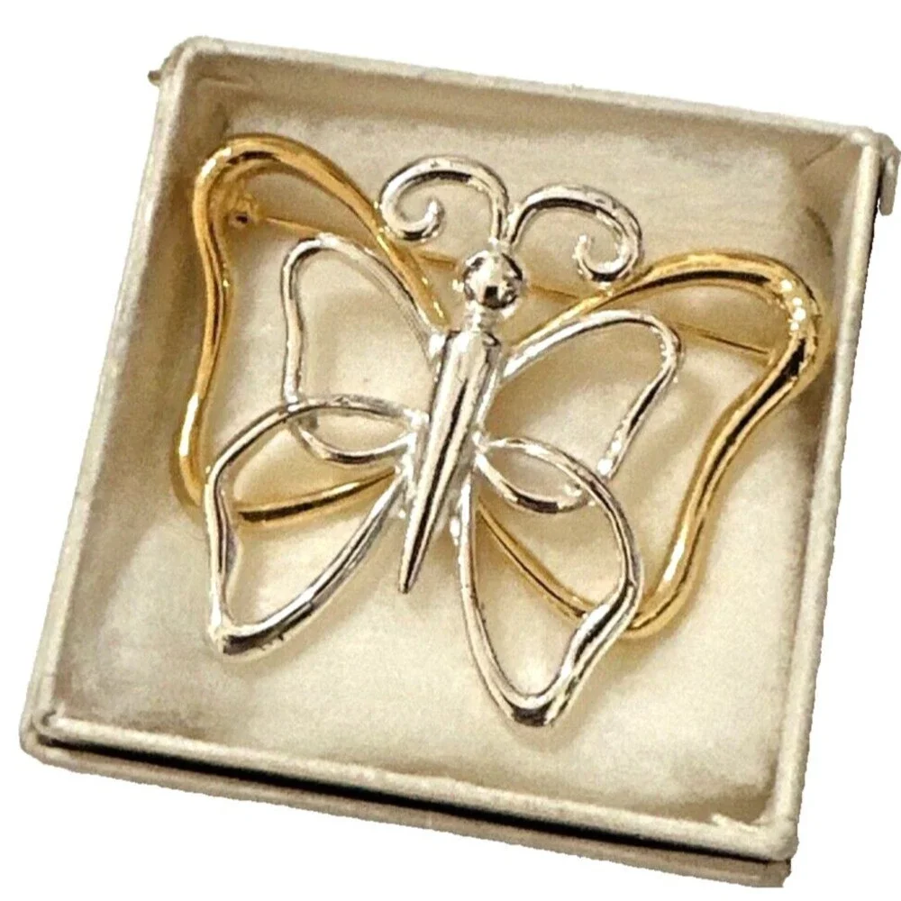 Vintage Two-Tone Butterfly Brooch Gold & Silver Tone Modernist Openwork Pin 1.5